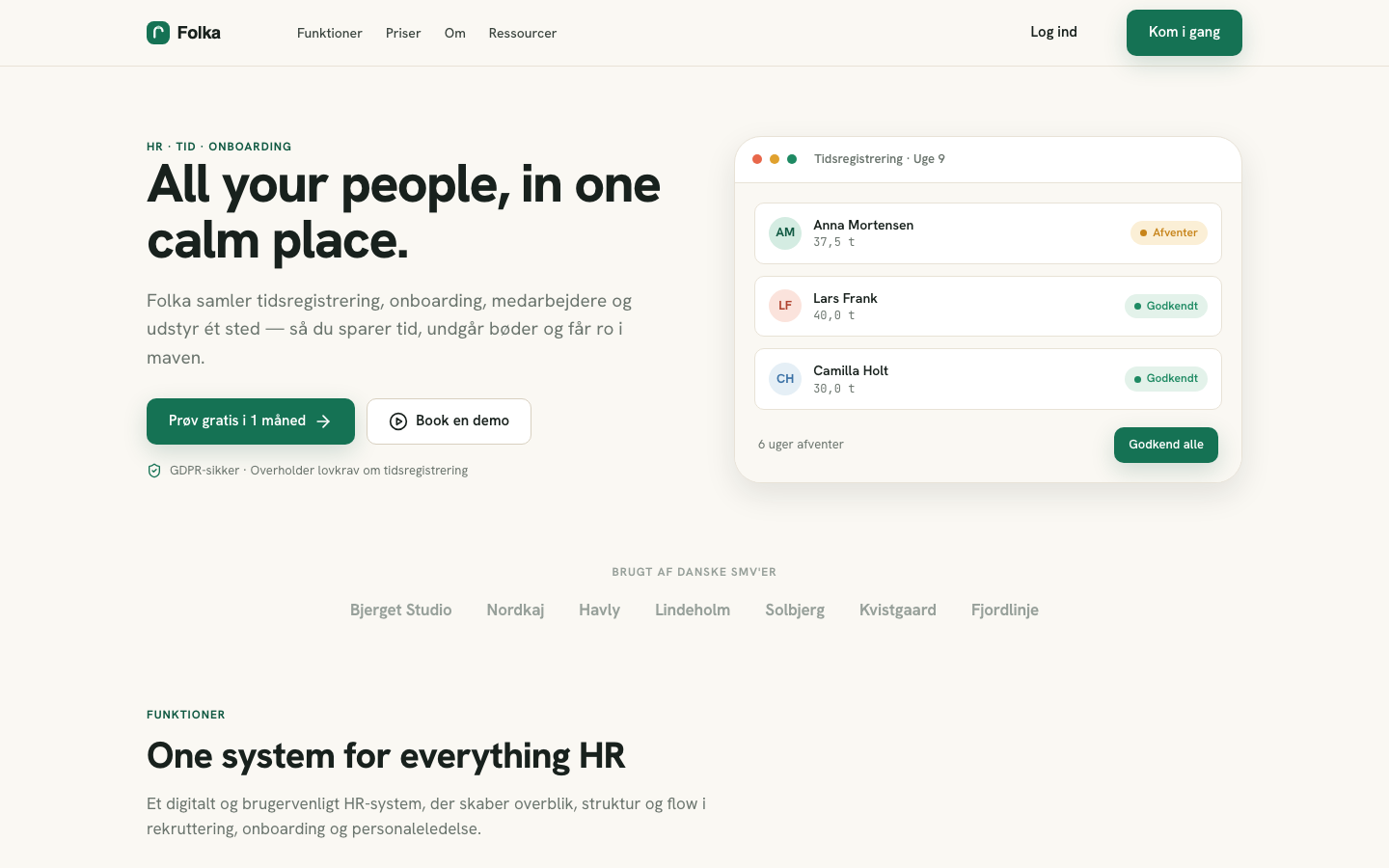 Folka — HR system for Danish SMBs — time tracking, onboarding, employees, equipment.