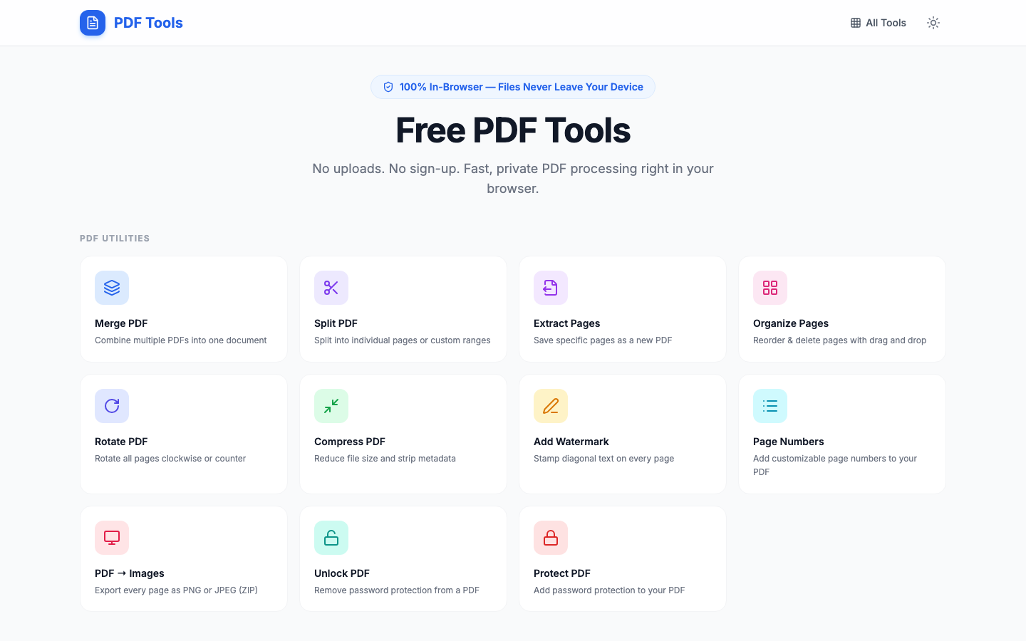 PDF Tools — Free browser-based PDF utilities — merge, split, convert, zero uploads.