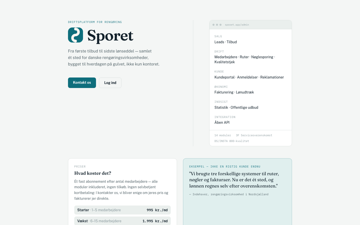 Sporet — Operations platform for Danish cleaning companies — quotes to payroll, 14 modules.